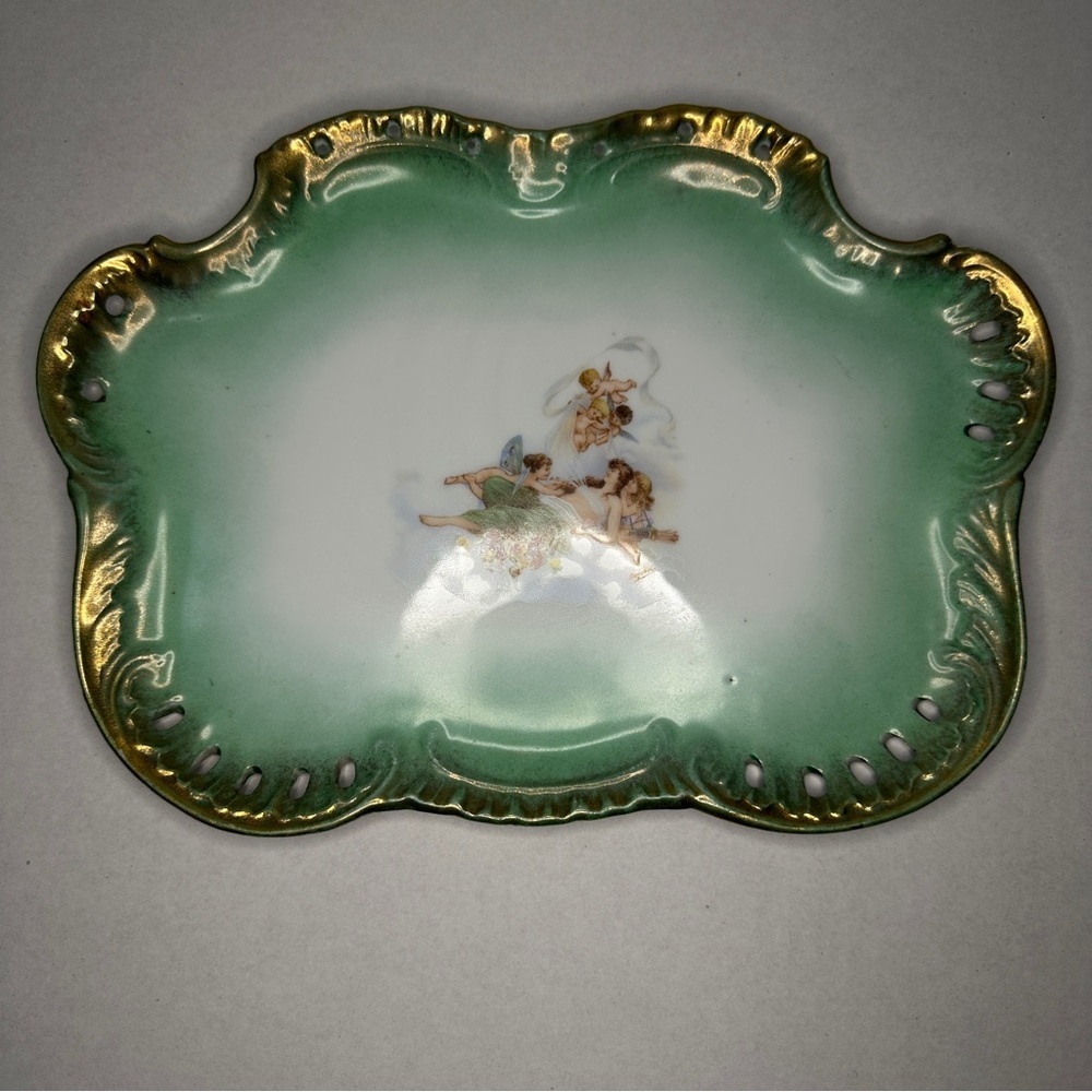 Antique Victoria Carlsbad Austria Porcelain Tray Cherub Reticulated Gold Green